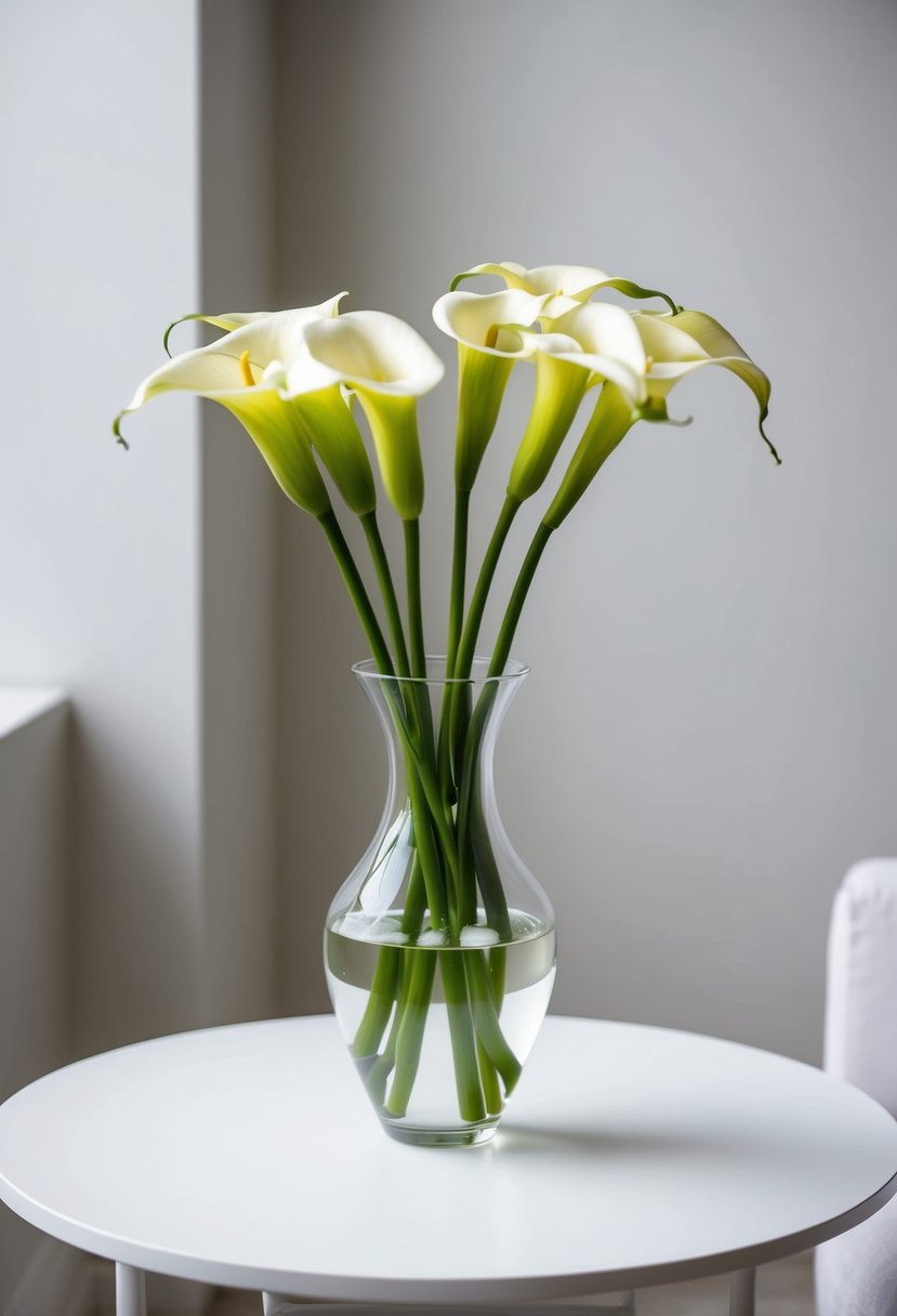 A single elegant calla lily bouquet in a simple glass vase on a white table