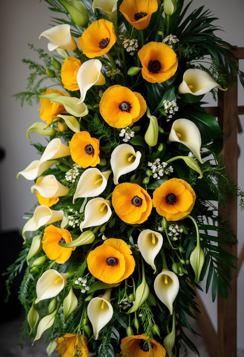 A lush bouquet of golden poppies and cream calla lilies arranged in a cascading design, with delicate greenery and small white flowers interspersed throughout