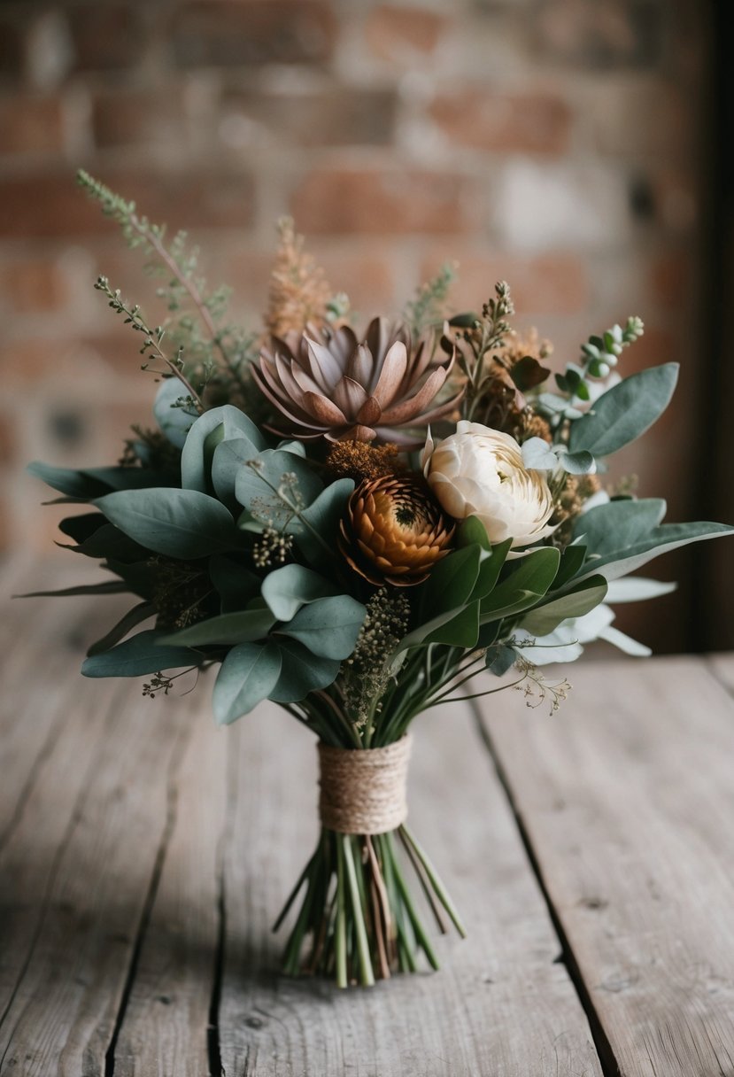 A simple bouquet of rustic flowers and dusty greenery