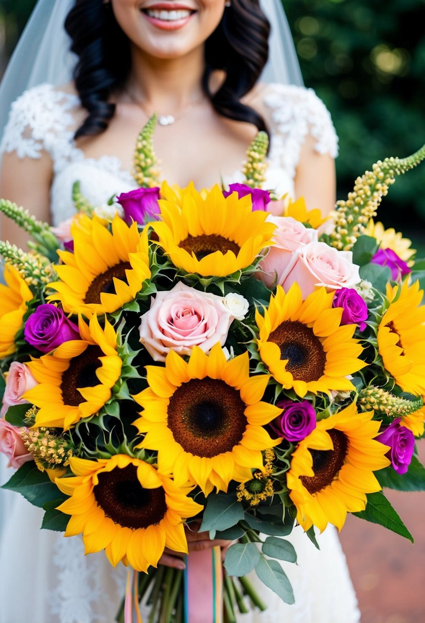 A vibrant bouquet of sunflowers and roses, arranged in a cheerful mix, perfect for a k-pop inspired wedding