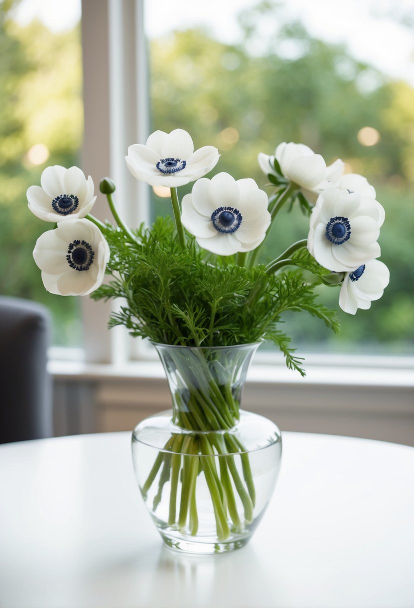 A simple bouquet of anemones in a clear glass vase on a white table