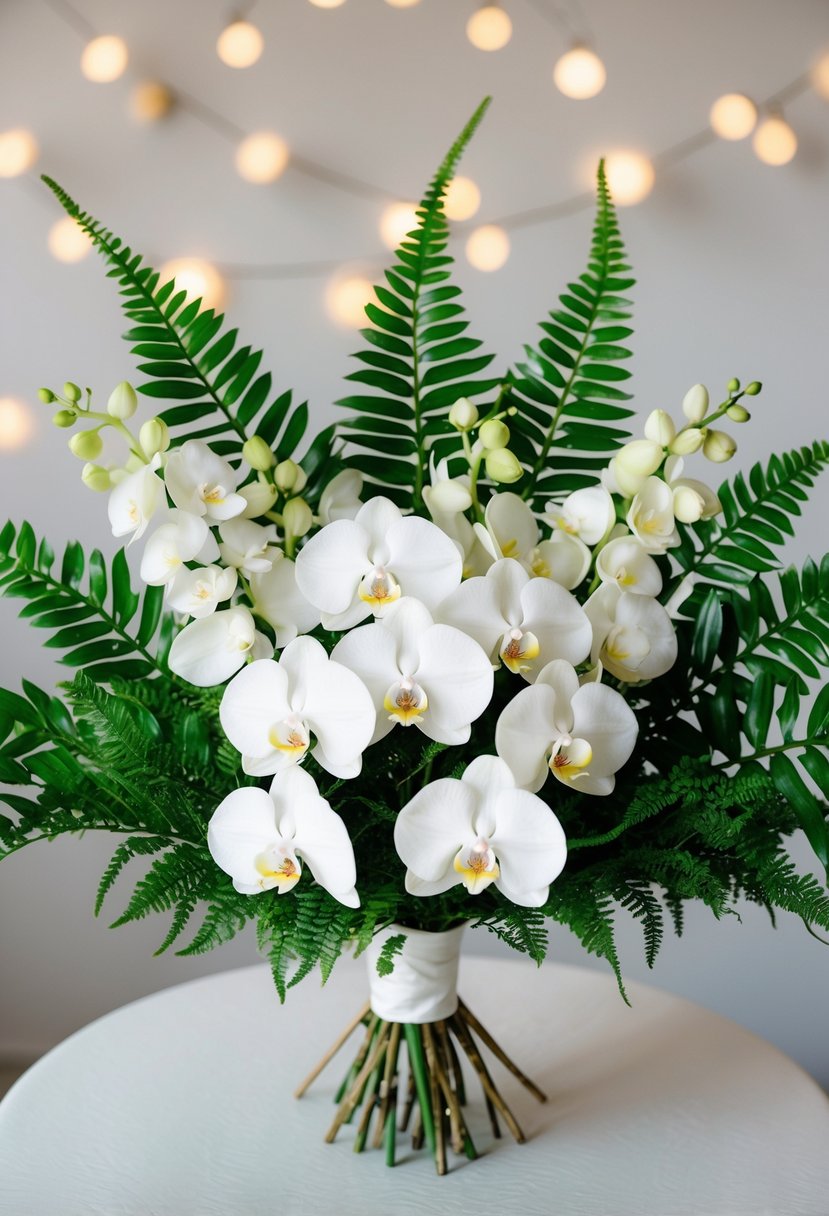 A chic bouquet of white orchids and green ferns arranged in a modern, minimalist style for a K-pop wedding