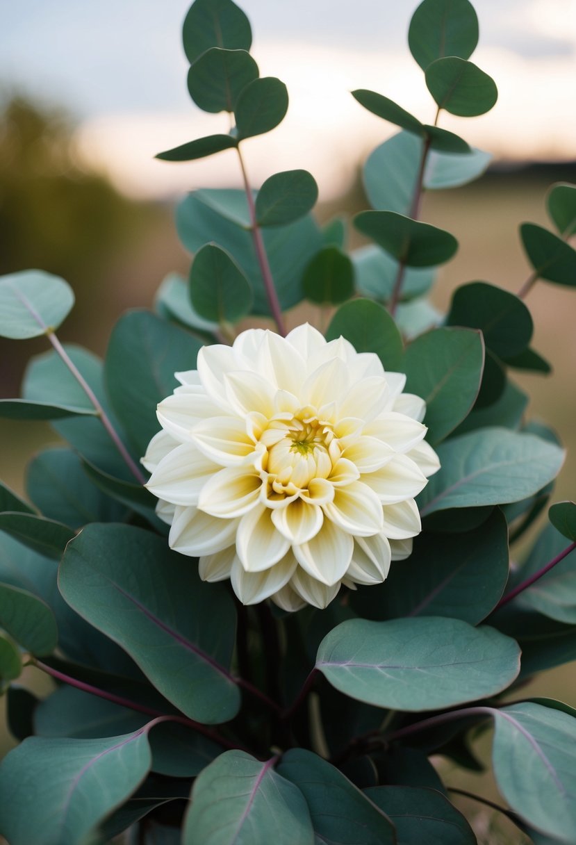 A single dahlia surrounded by eucalyptus leaves in a simple wedding bouquet