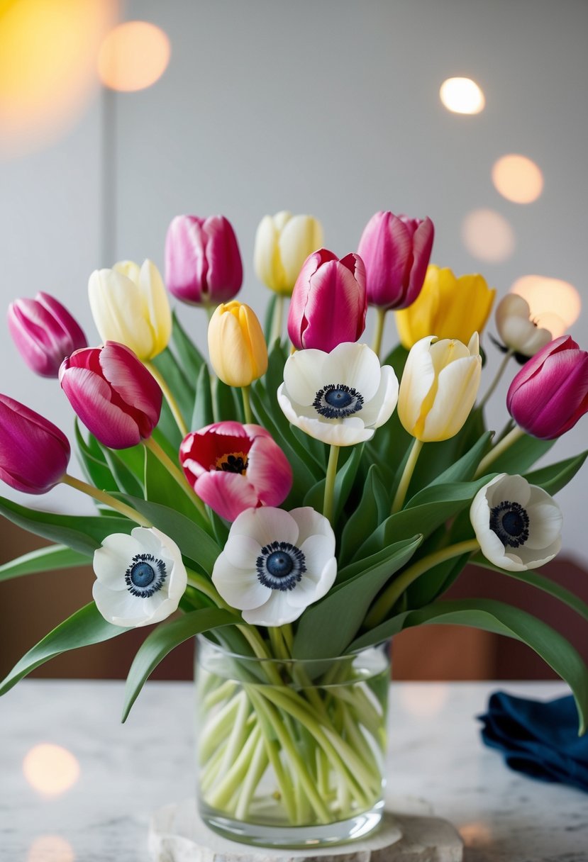 A vibrant bouquet of classic tulips and anemones arranged in a stylish and modern manner, with a mix of bold and pastel colors