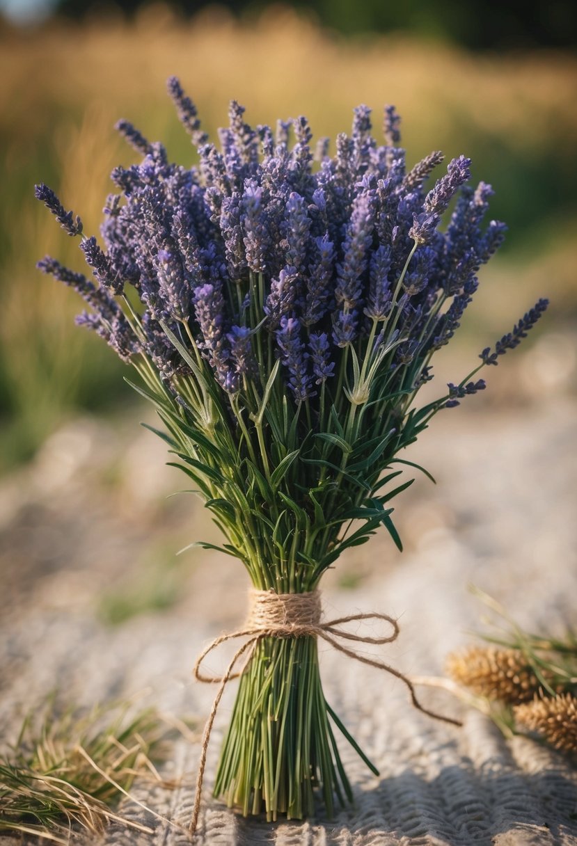 A rustic bouquet of lavender and wheat, tied with twine