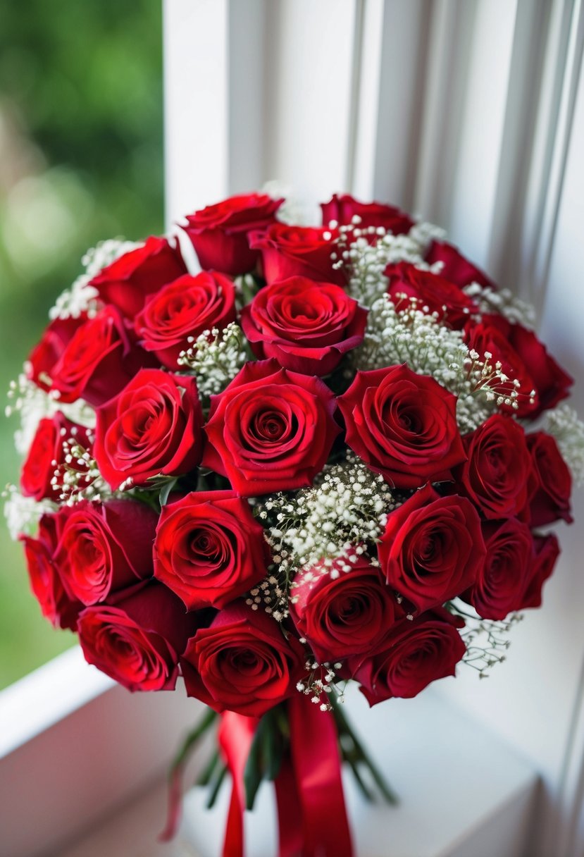 A lush bouquet of red roses and delicate baby's breath, arranged in a romantic and elegant style