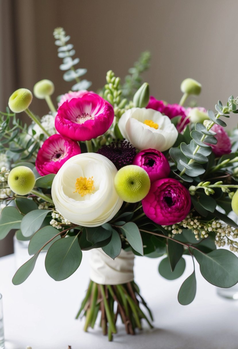 A vibrant wedding bouquet featuring charming ranunculus and fragrant eucalyptus, arranged in a stylish and modern design