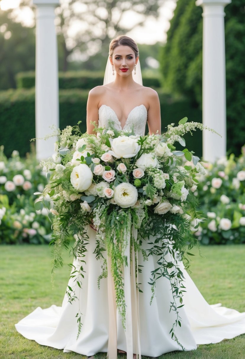 A bride holding an extravagant bouquet of cascading flowers and greenery, with oversized blooms and trailing ribbons