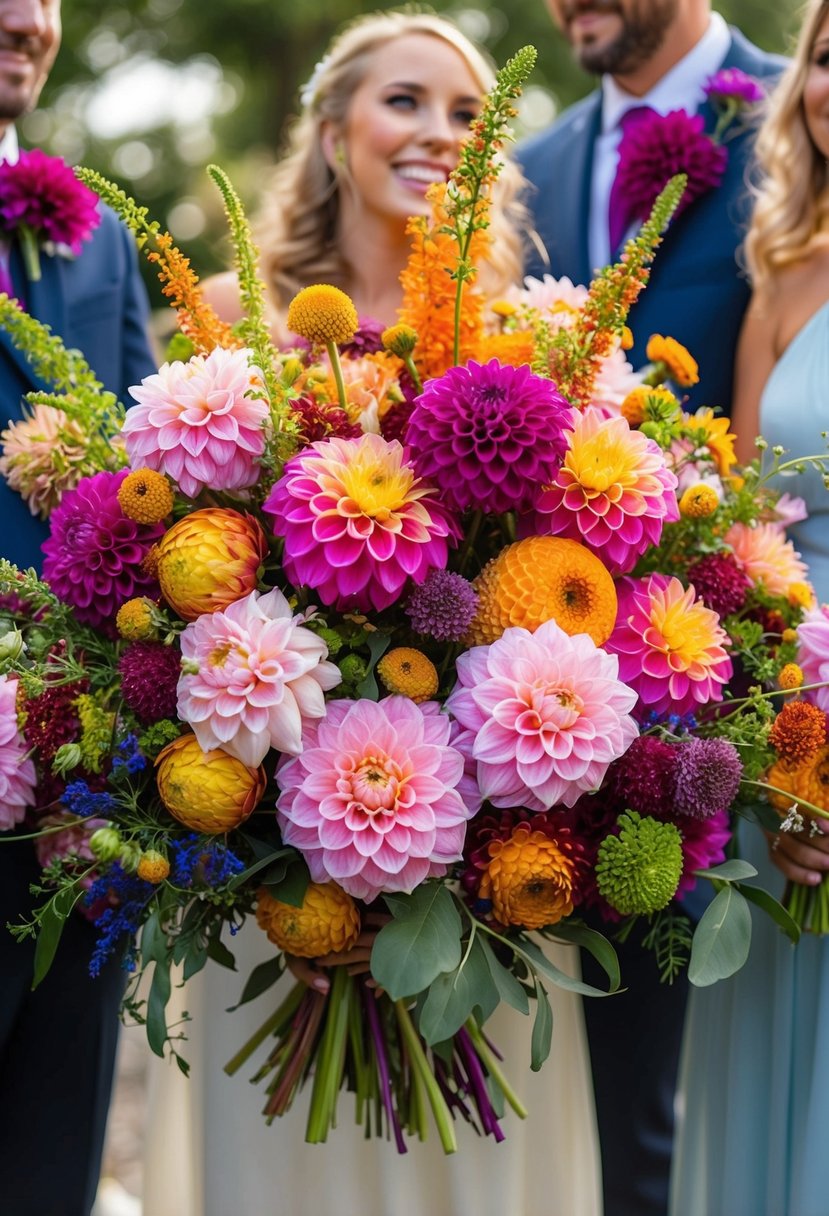 A lush bouquet of vibrant wildflowers and dahlias, bursting with color and texture, creates a stunning focal point for a wedding celebration