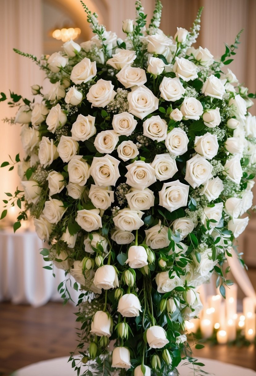 An elegant cascade of ivory roses, accented with delicate greenery, spills from a large, opulent wedding bouquet