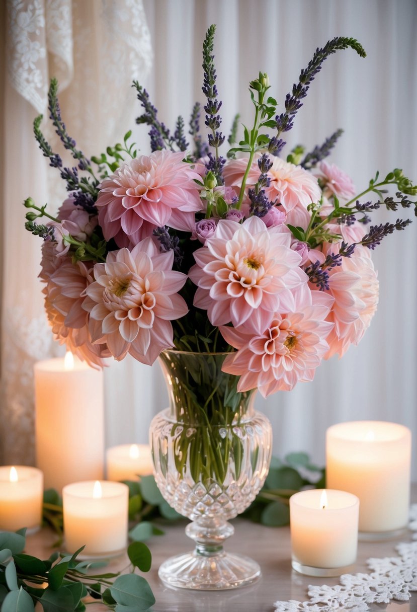 A lush bouquet of blush dahlias and lavender sprigs cascades from a crystal vase, set against a backdrop of soft candlelight and delicate lace