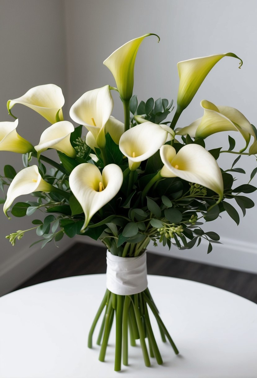 A simple bouquet of calla lilies and greenery, arranged in a clean, modern style