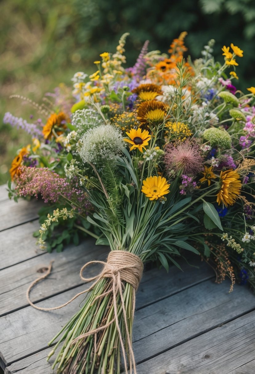 A large, overflowing bouquet of assorted wildflowers in rustic colors, tied with twine and resting on a weathered wooden table