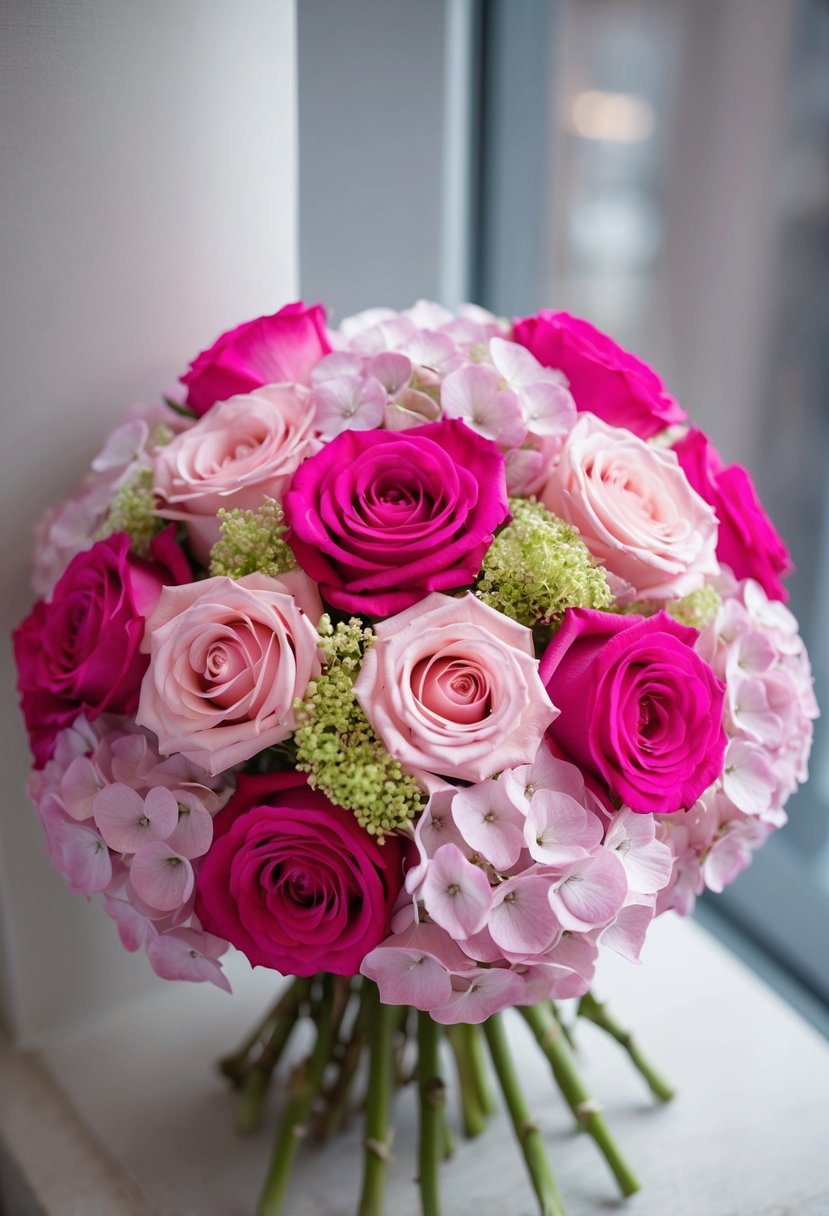 A bouquet of pink roses and hydrangeas arranged in a graceful and elegant manner for a K-pop wedding theme