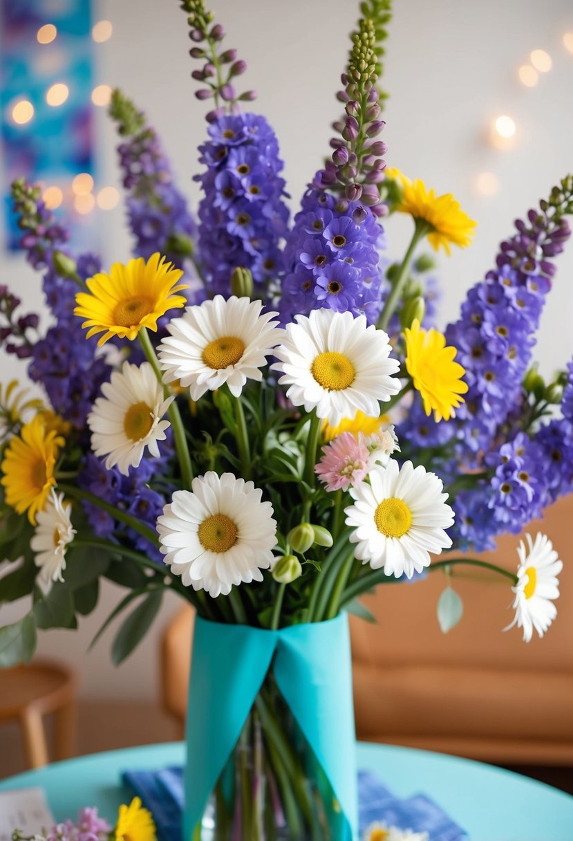 A vibrant bouquet of whimsical daisies and delphiniums in a playful, modern arrangement