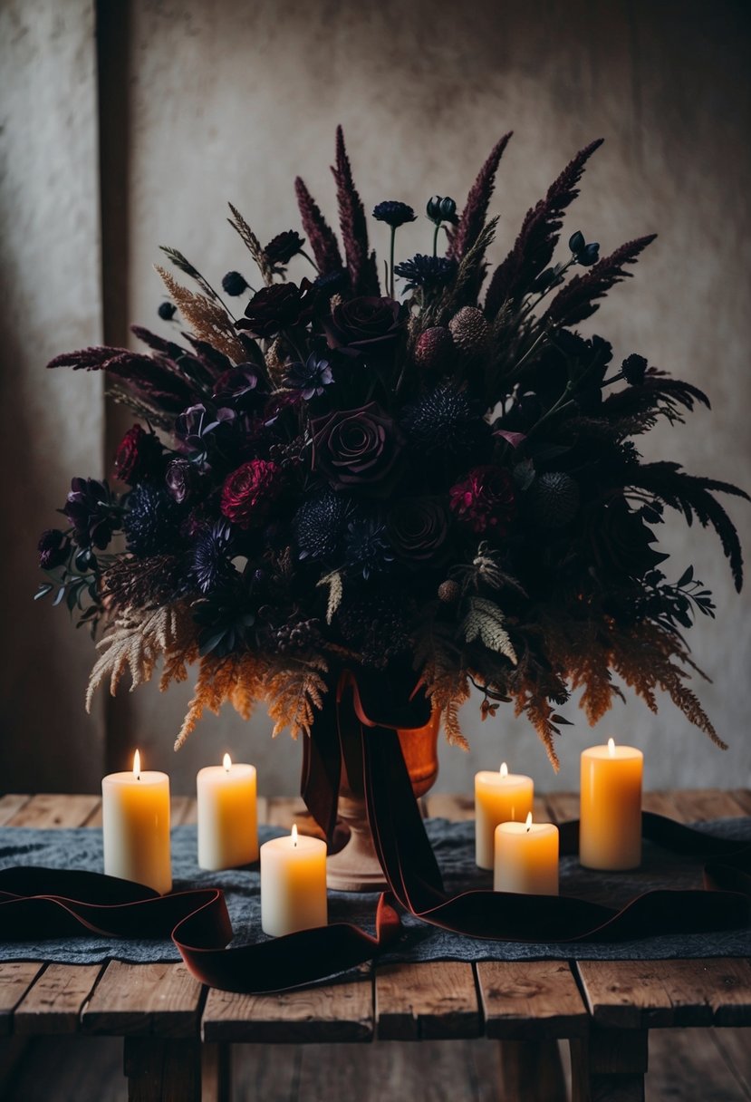 An oversized bouquet of dark and moody florals sits on a rustic wooden table, surrounded by flickering candlelight and draped in rich, velvet ribbon