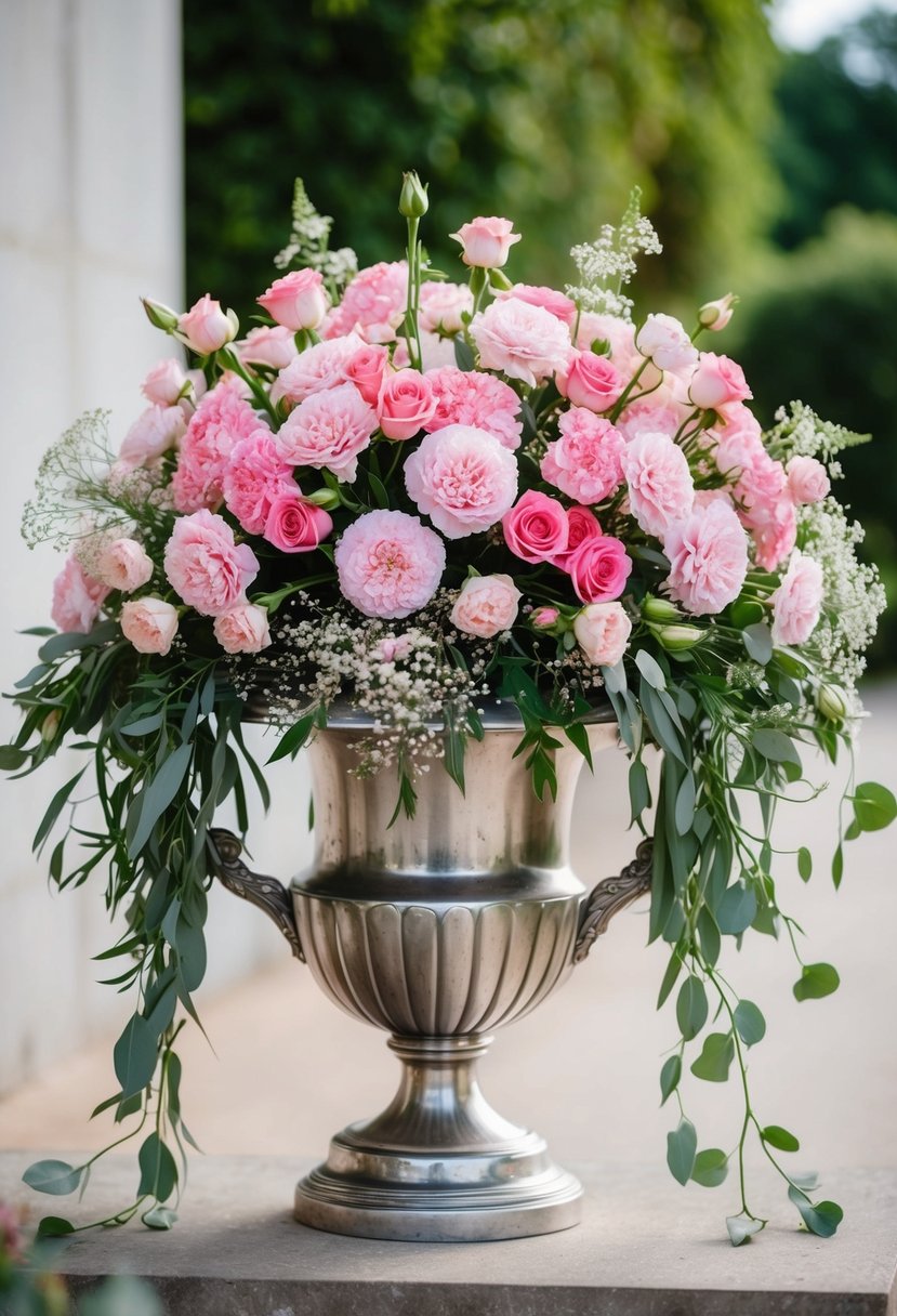 A lush bouquet of pink roses and carnations spills over a vintage silver urn, accented with flowing greenery and delicate baby's breath