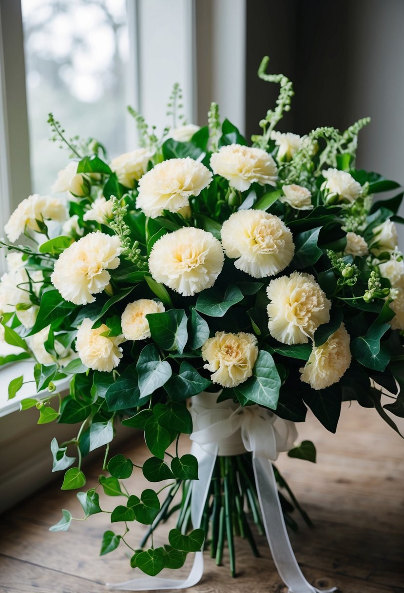 A lush bouquet of vintage-inspired carnations and ivy, arranged in a cascading style with delicate ribbon accents