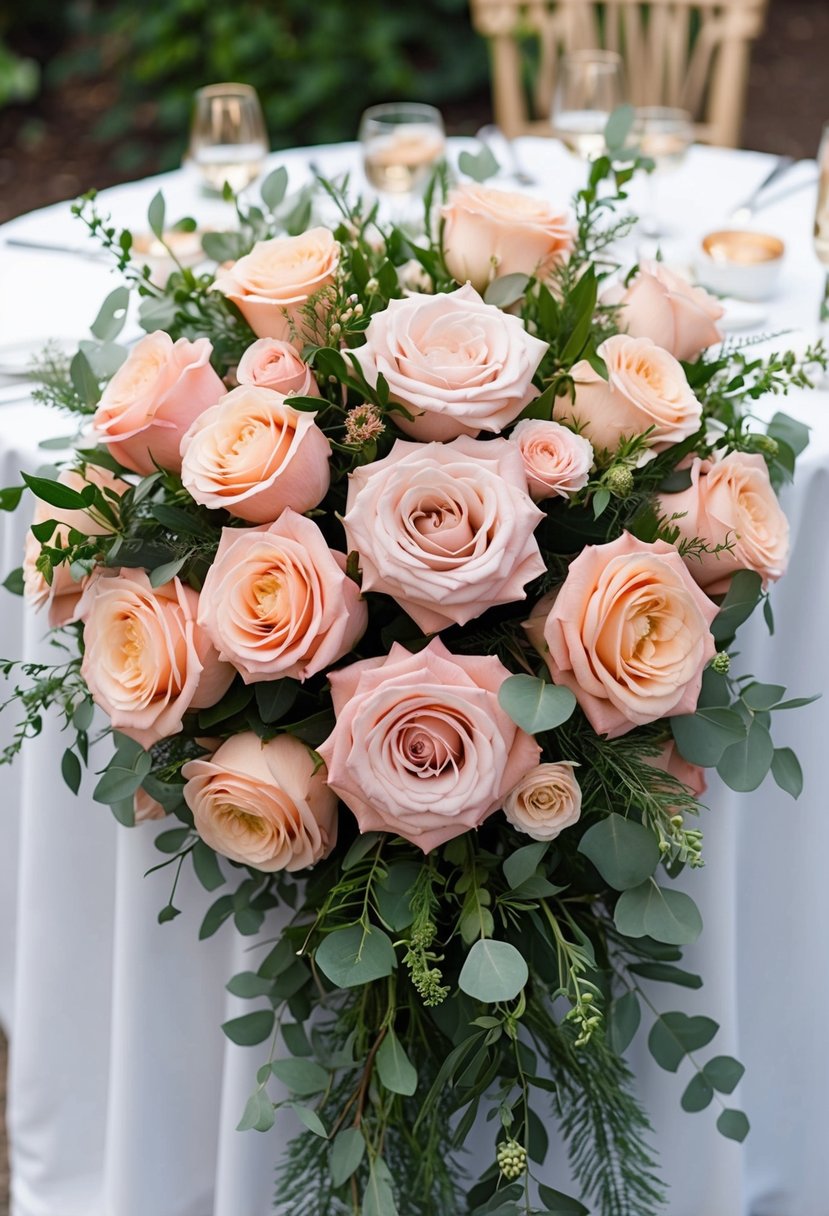 A lush bouquet of oversized blush and peach roses, accented with greenery, arranged in a cascading style