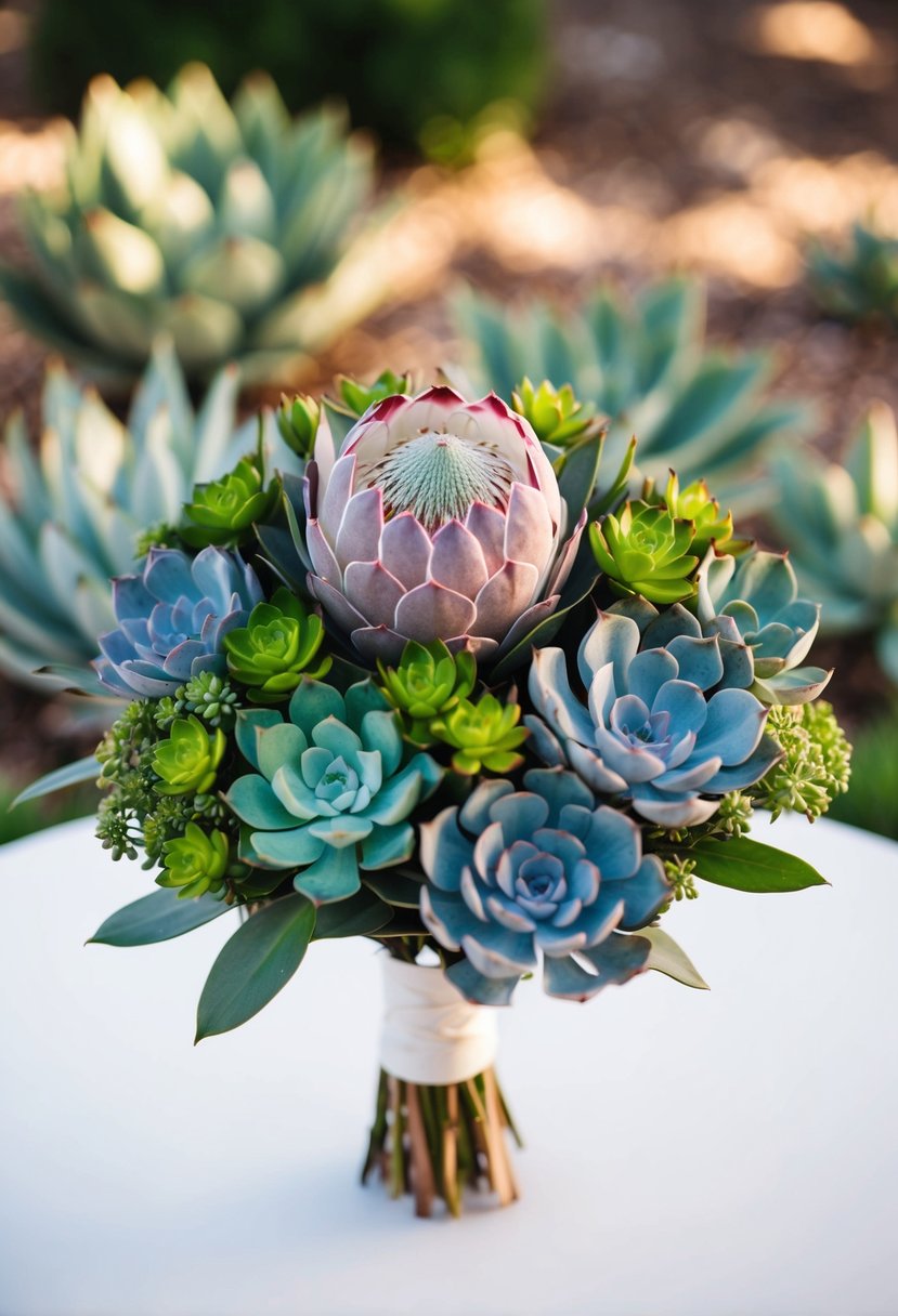 A modern wedding bouquet featuring a stylish protea surrounded by succulents in various shapes and sizes