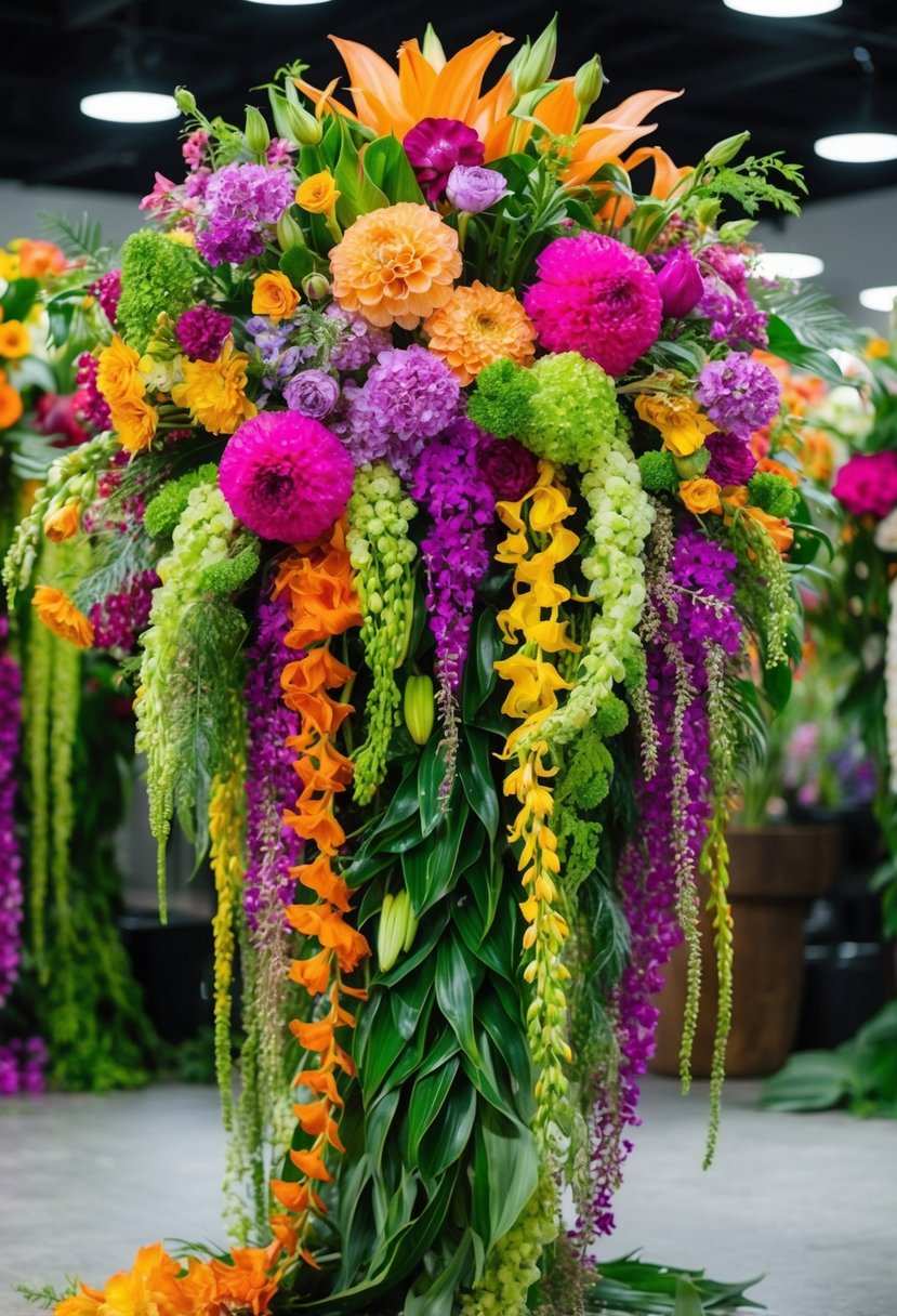 A lush, cascading bouquet of vibrant, oversized flowers in a free-form arrangement, bursting with color and texture