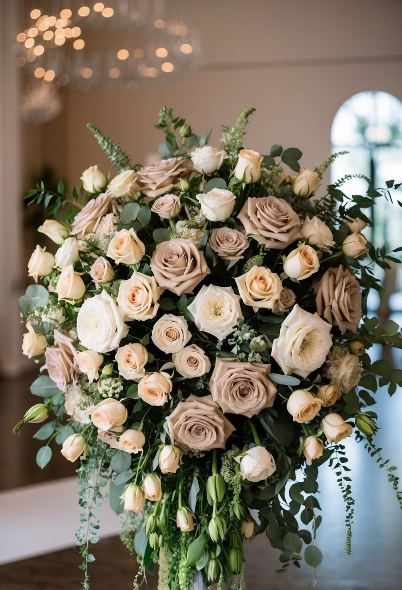 An oversized wedding bouquet featuring lush neutral-hued roses in a variety of sizes and shades, arranged in a cascading, elegant display