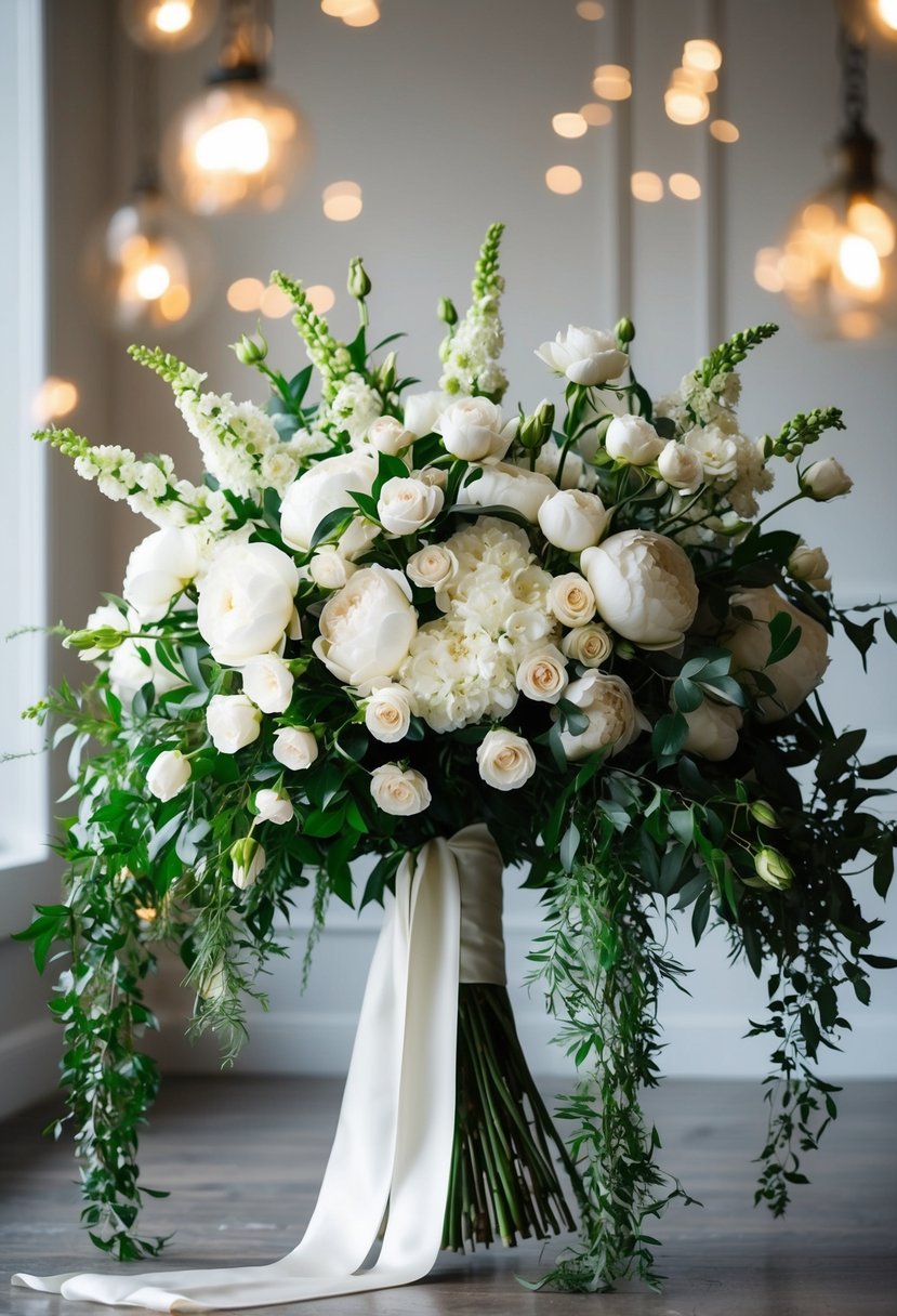 A large, flowing bouquet of white roses, peonies, and cascading greenery, tied with a silk ribbon