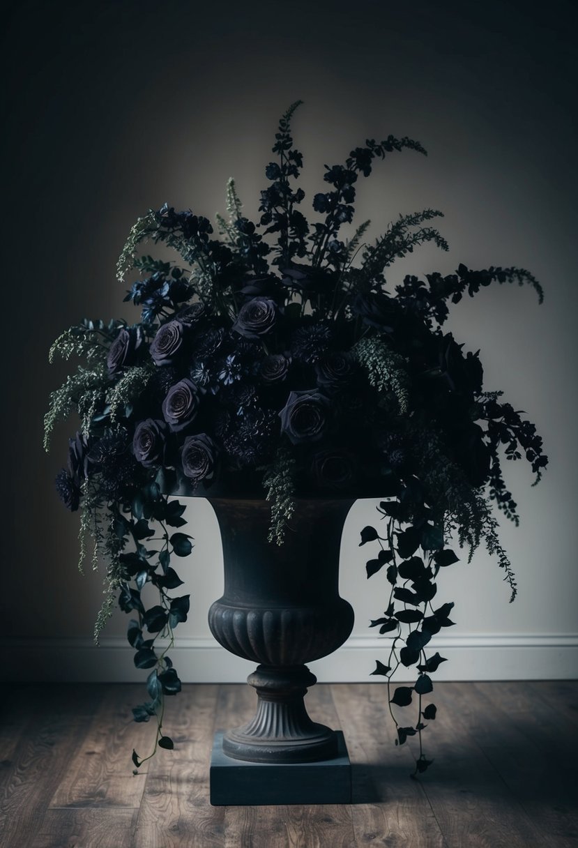 A moody, oversized bouquet of dark blooms cascading from a vintage urn, with dramatic lighting casting deep shadows