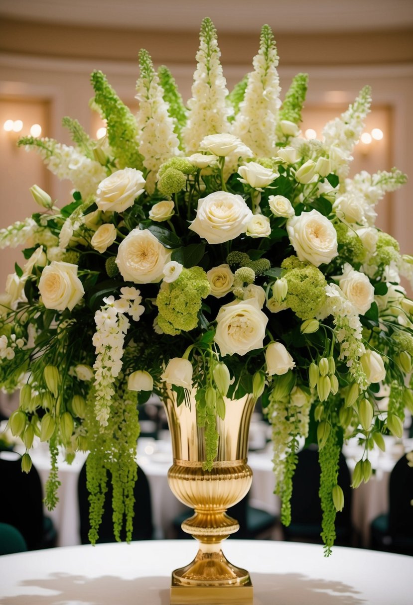 A lavish bouquet of cream and green flowers cascading from a gold-trimmed vase