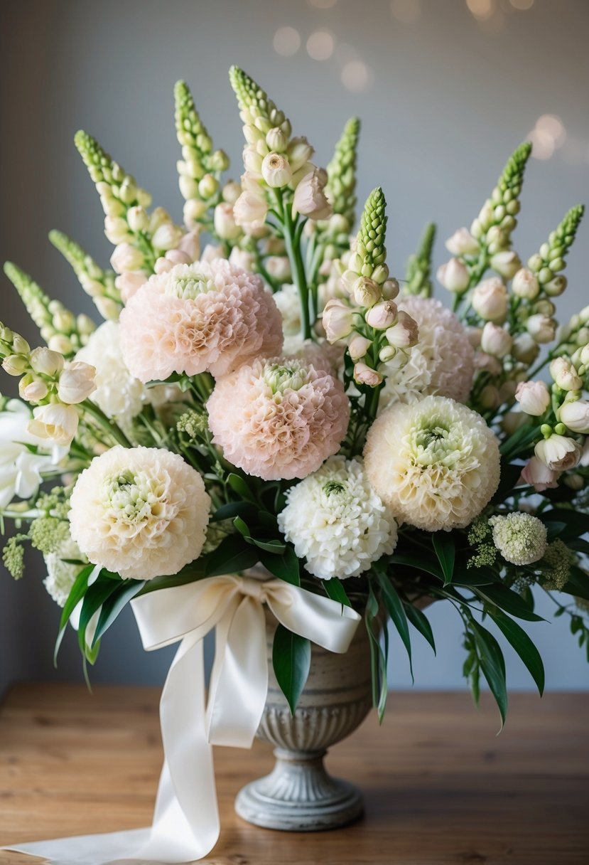 A lush, oversized wedding bouquet of delicate Lisianthus flowers in soft pastel hues, tied with flowing ribbons and nestled in a vintage-inspired vase