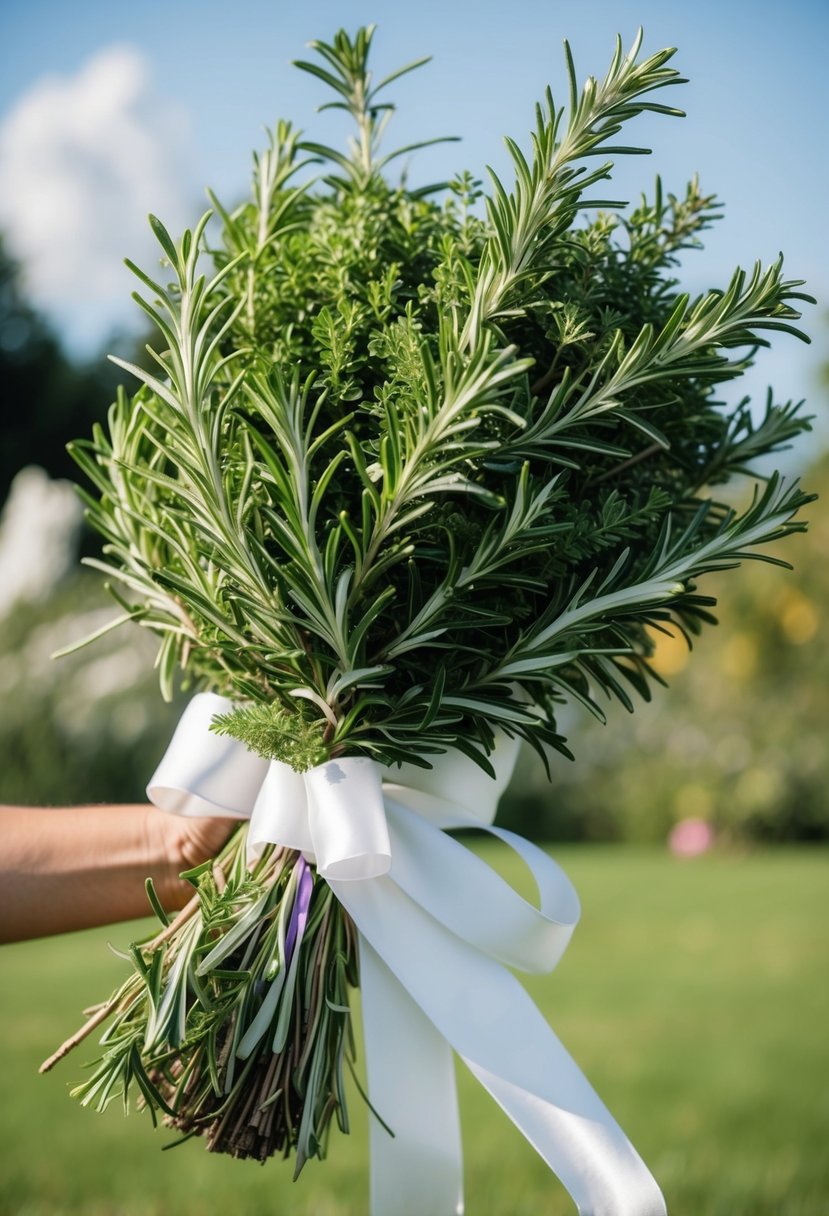 An oversized wedding bouquet featuring a lush herb bundle with fragrant rosemary, tied together with flowing ribbons