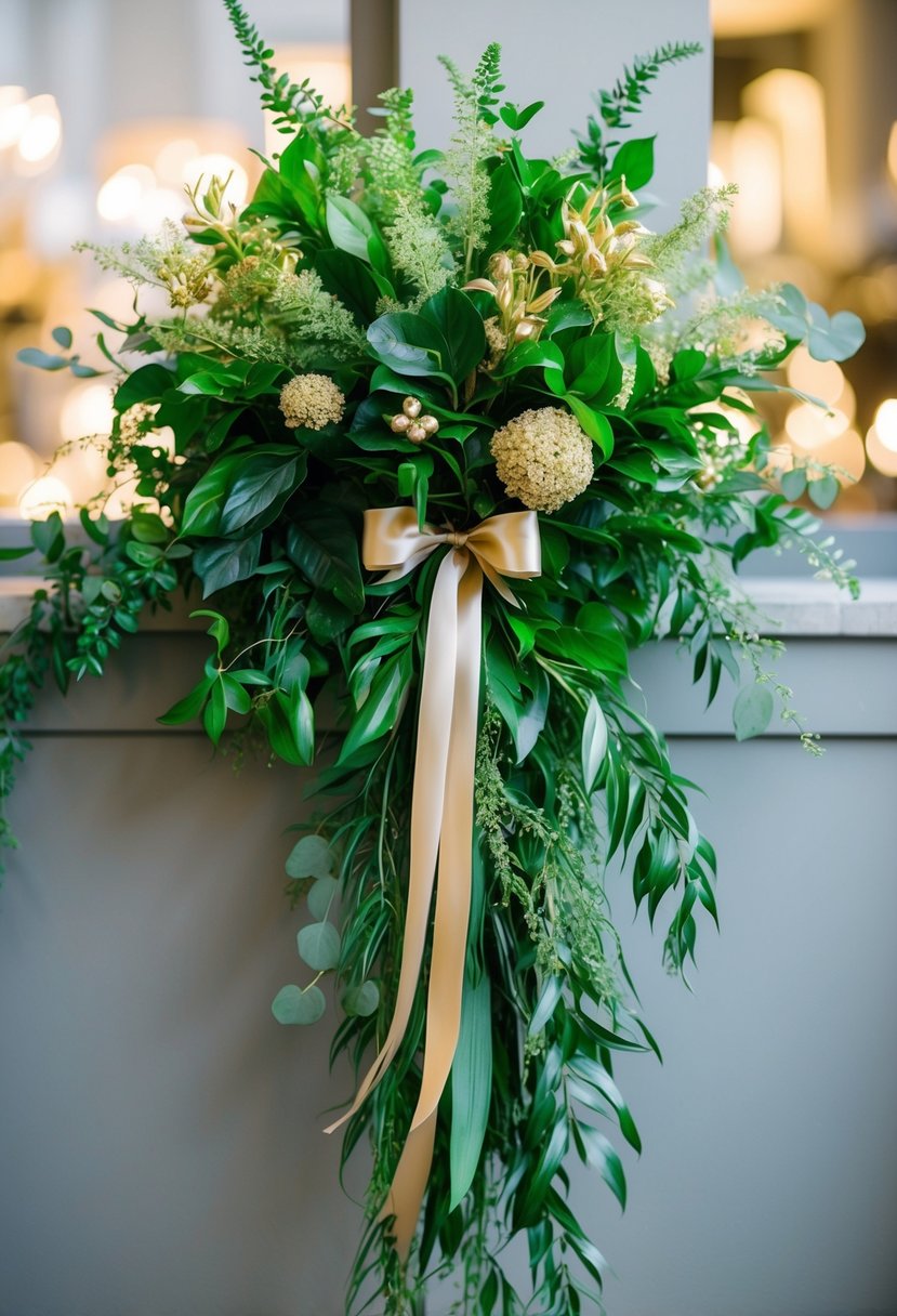 A lush, cascading bouquet of vibrant green foliage and delicate gold flowers, tied together with a shimmering gold ribbon