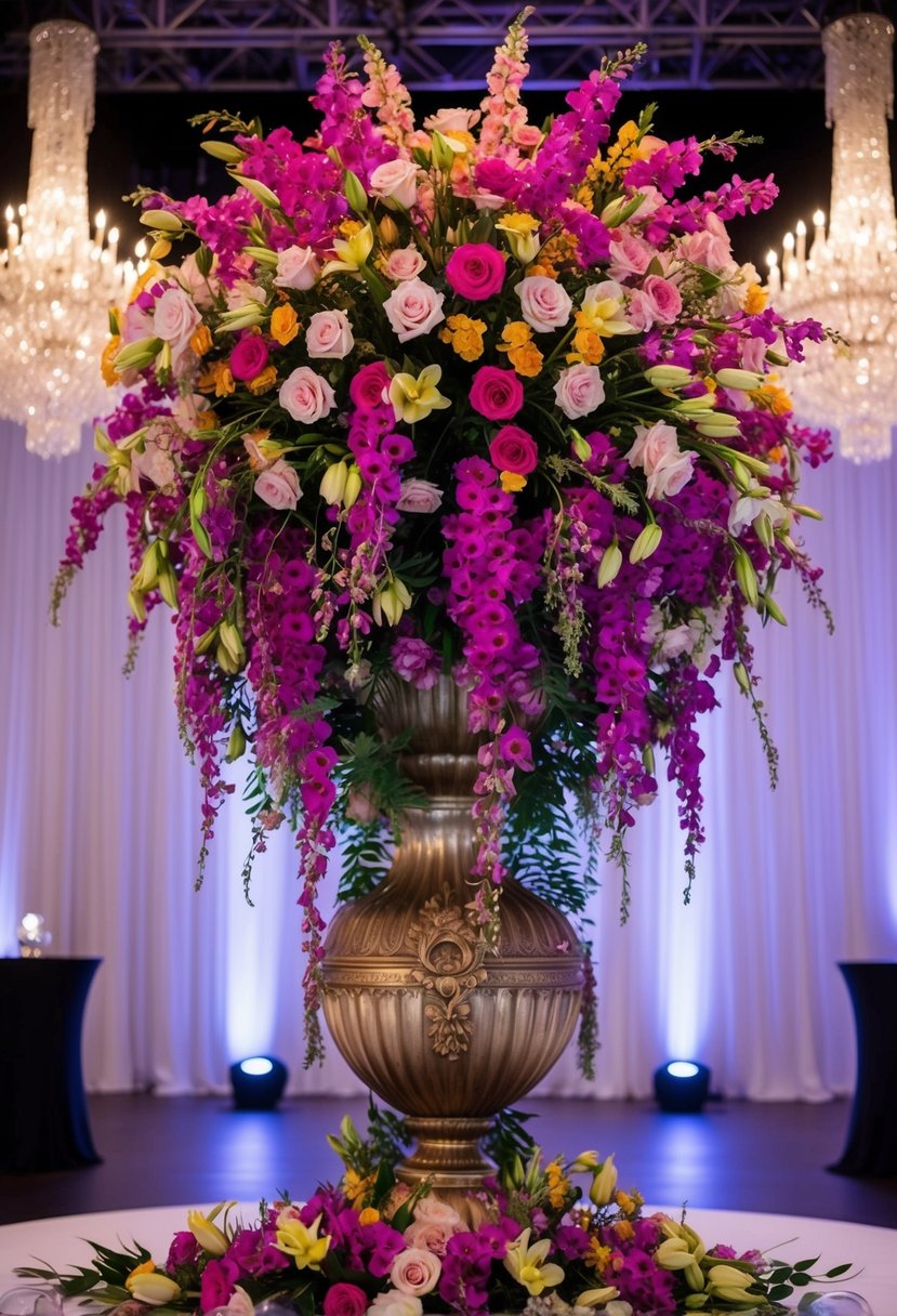 A cascade of vibrant flowers spills from an ornate vase, creating a dramatic and oversized wedding bouquet