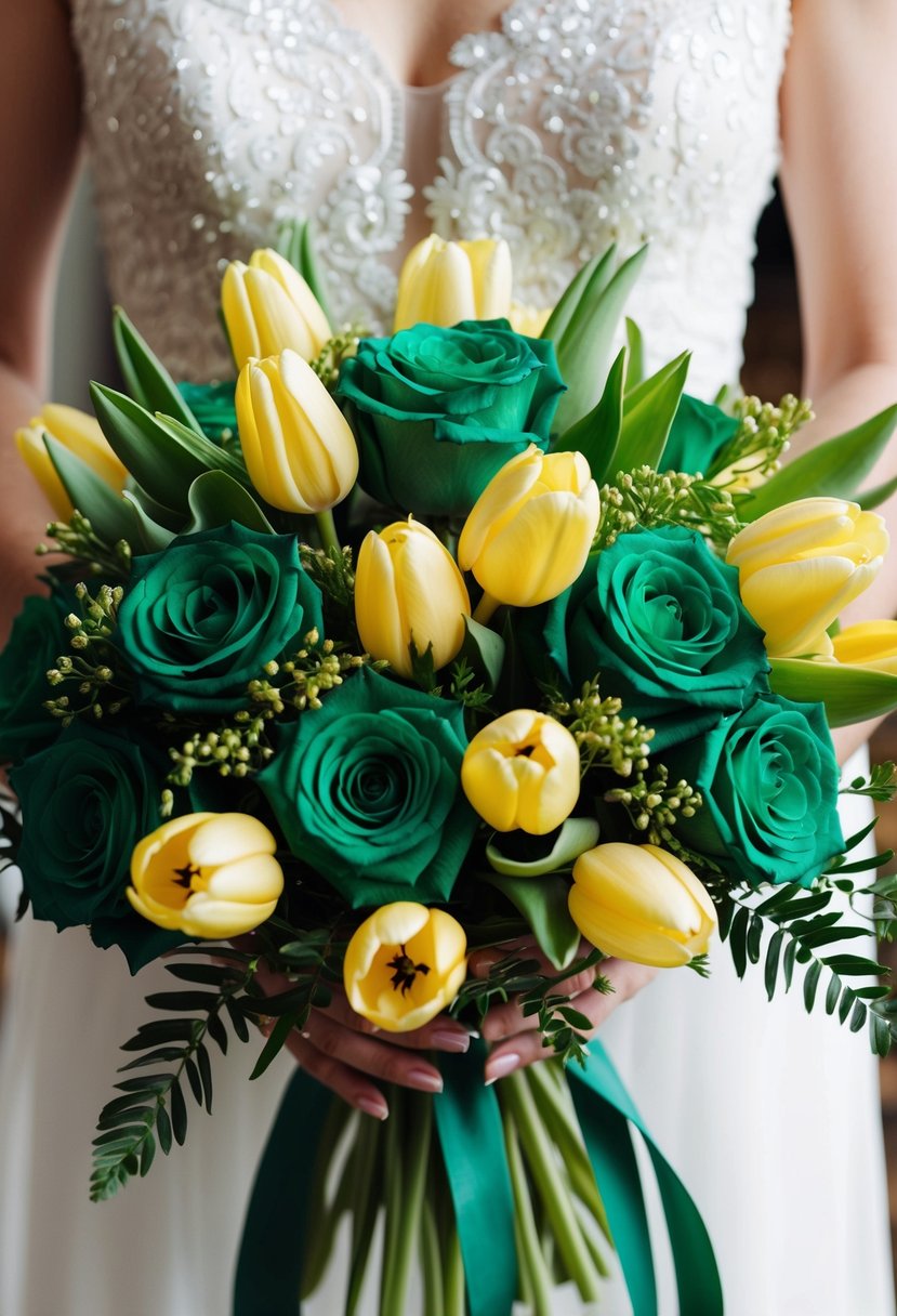 Emerald roses and golden tulips entwined in a lush wedding bouquet