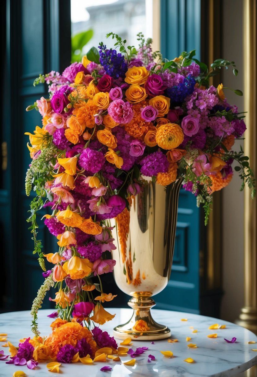 A lush, overflowing bouquet of vibrant blooms cascading from a gold vase, spilling onto a marble table with scattered petals