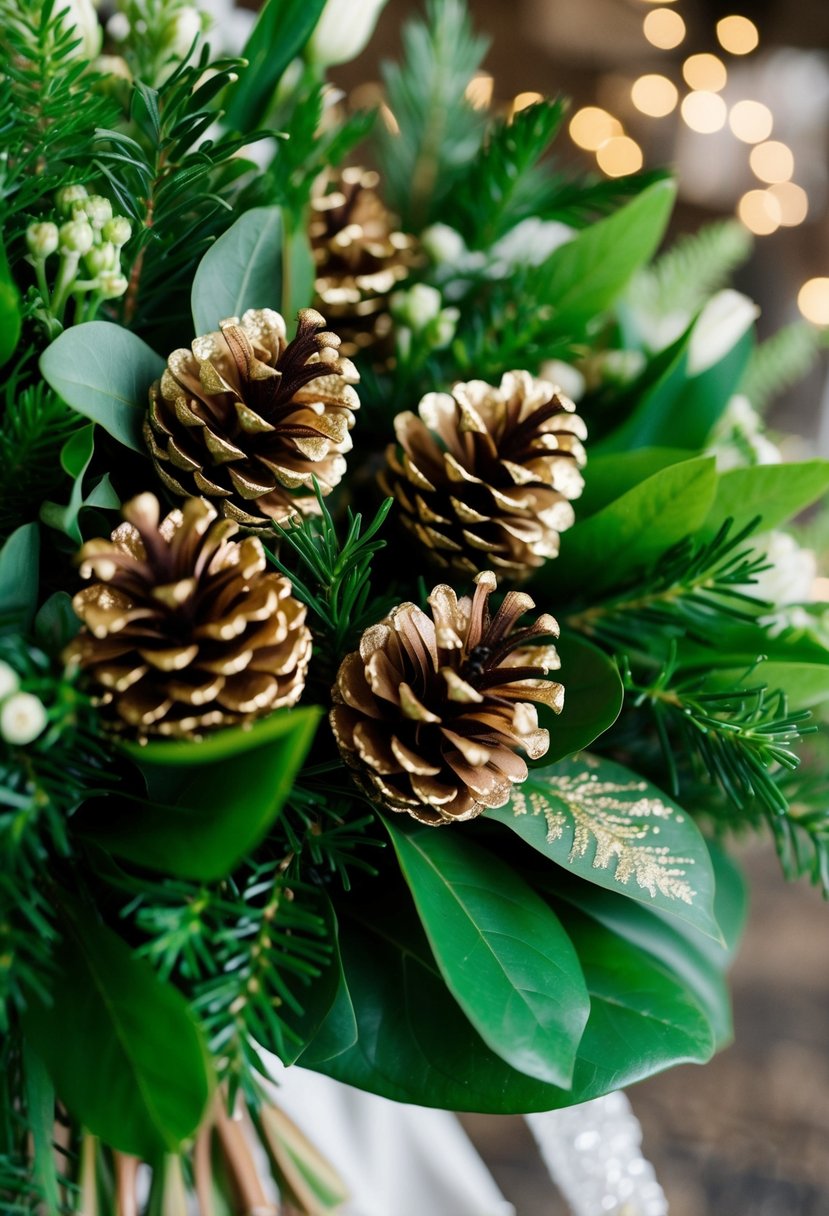 A lush green bouquet with gold-dusted pine cones nestled among the foliage, adding a rustic and elegant touch to the wedding arrangement