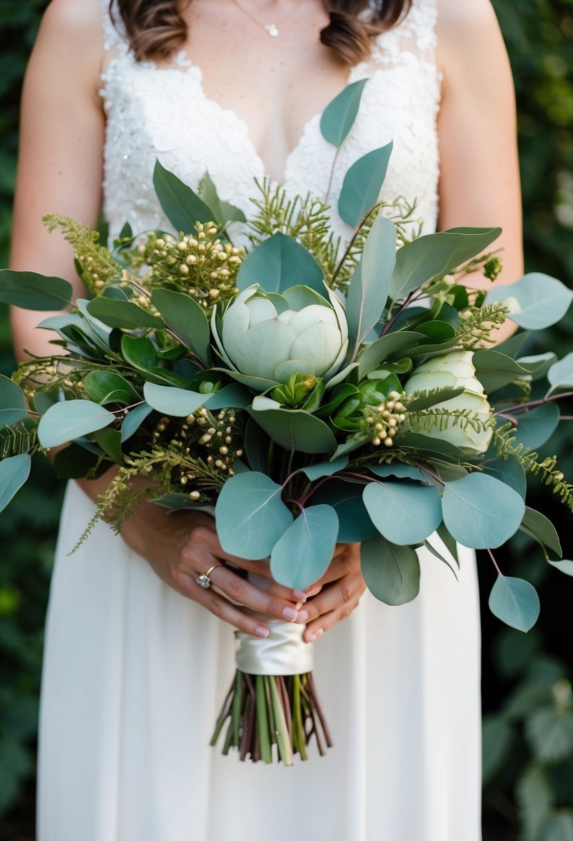 A wedding bouquet featuring lush eucalyptus leaves intertwined with gold and green flowers