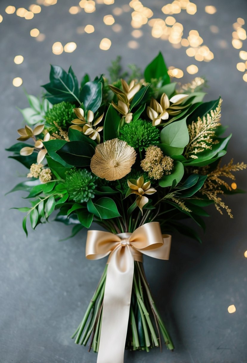 A lush bouquet of green and gold foliage tied with a satin gold ribbon