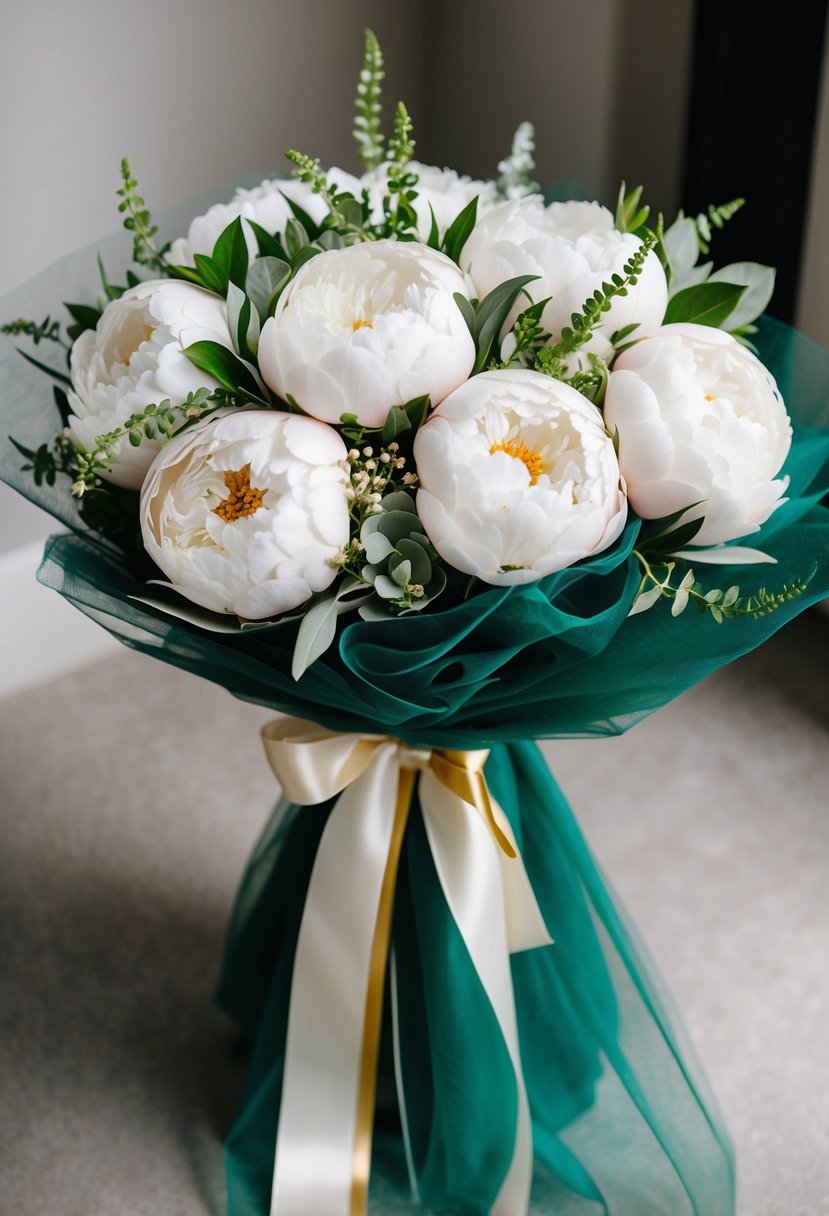 A lush bouquet of white peonies wrapped in emerald tulle, accented with gold ribbon and delicate green foliage