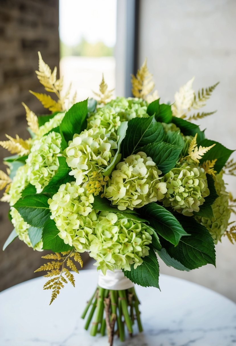 Emerald green hydrangeas, accented with gold foliage, form a lush wedding bouquet