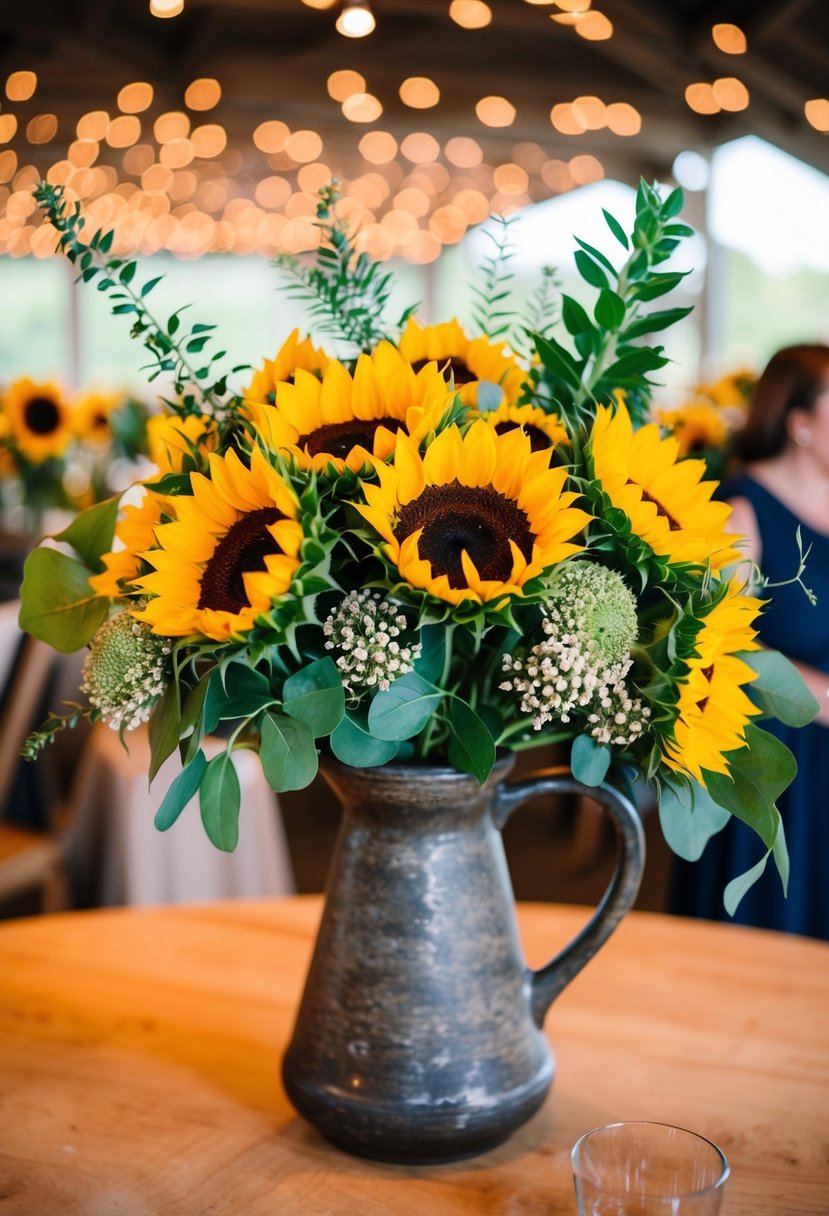 A vibrant wedding bouquet of sunflowers and greenery in a rustic vase