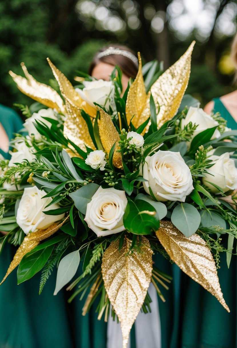 A lush green and gold wedding bouquet, with shimmering gold foiled leaves adding sparkle and elegance to the arrangement