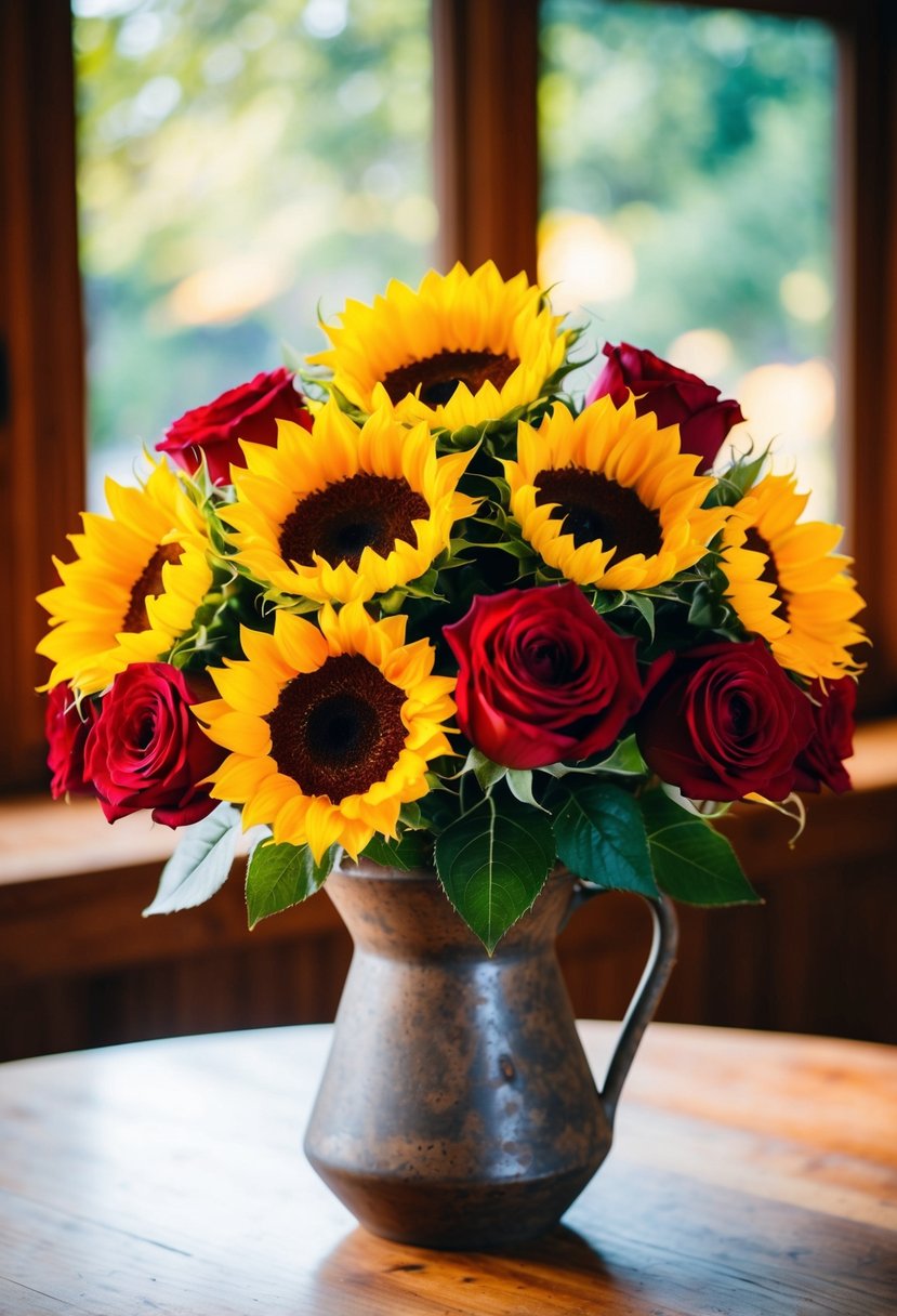 A vibrant bouquet of sunflowers and red roses arranged in a rustic vase