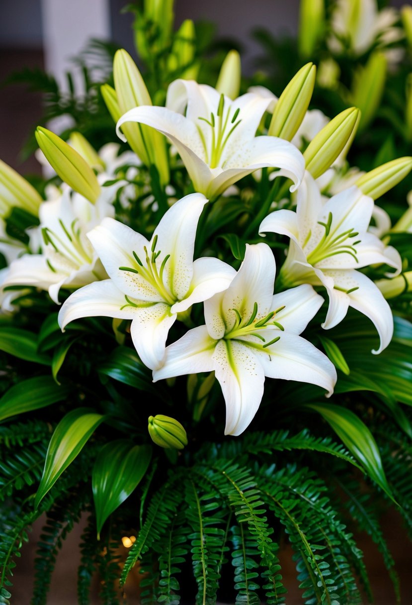 A lush bouquet of white lilies with delicate gold accents, surrounded by vibrant green foliage