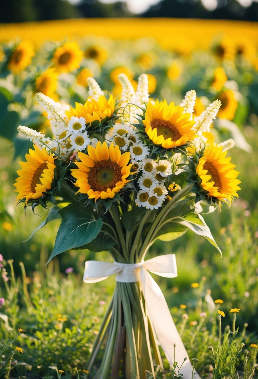 A vibrant bouquet of pale sunflowers and wildflowers, tied with a simple ribbon, basking in the warm sunlight of a summer field