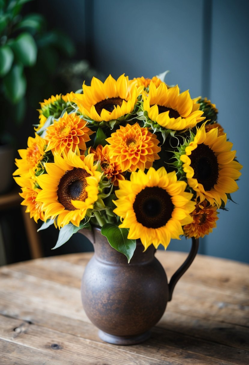 A vibrant bouquet of sunflowers and dahlias arranged in a rustic vase