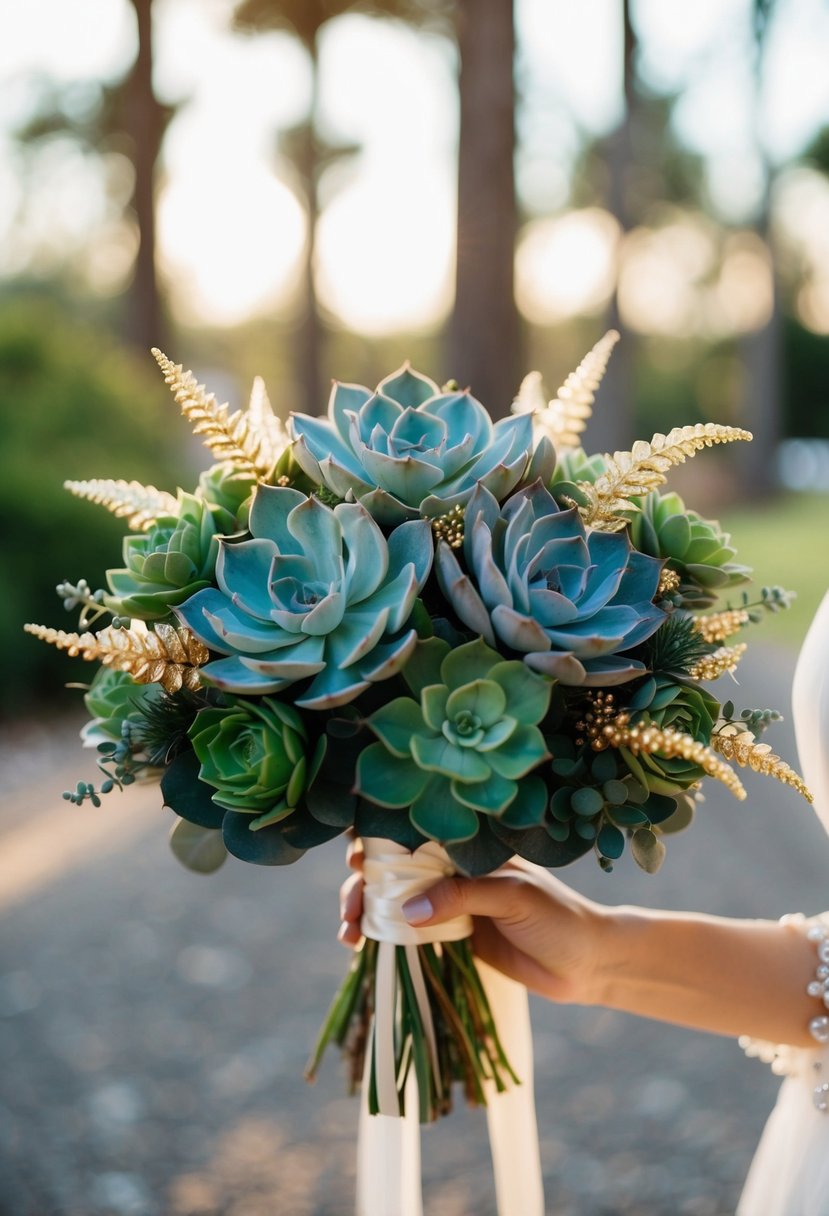 A modern wedding bouquet with succulents and gold accents