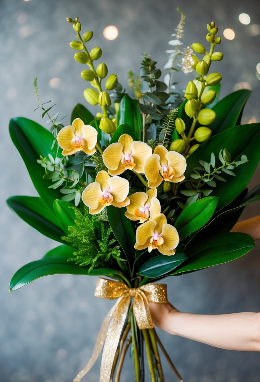 A lush bouquet of vibrant green foliage and delicate golden orchids, tied with a shimmering gold ribbon