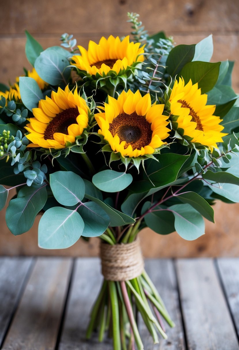 A vibrant bouquet of sunflowers and eucalyptus leaves arranged in a rustic, hand-tied style, with the sunflowers taking center stage amidst the greenery