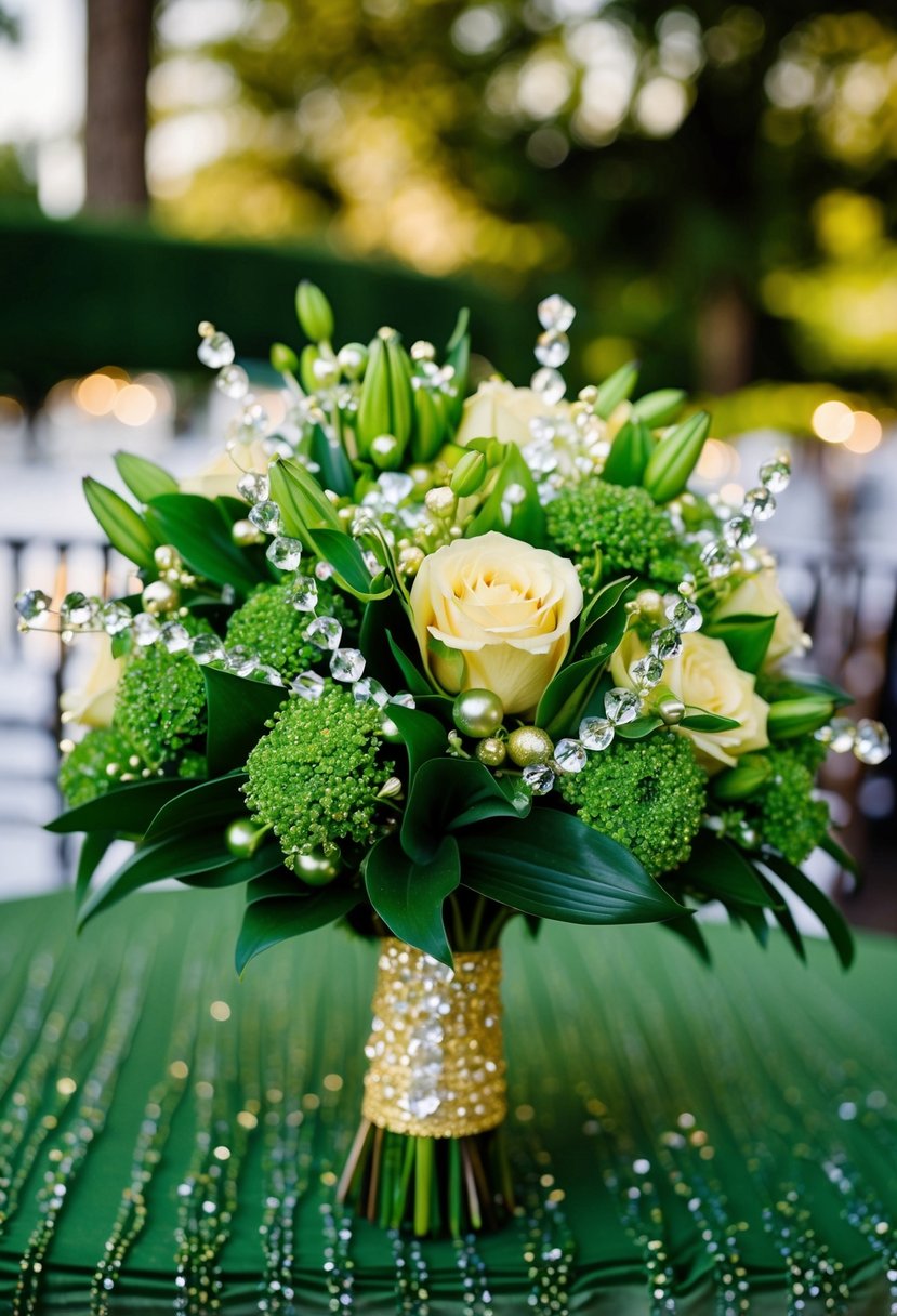 A lush green and gold wedding bouquet adorned with sparkling crystal beads for a dazzling effect